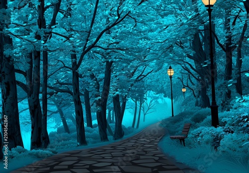 Illustration of a beautiful forest path with lamp posts.