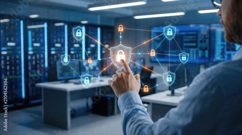 Cybersecurity and data protection technology in a modern server datacenter. Professional interacts with a digital network interface of padlock and shield icons for secure encryption, privacy, firewall