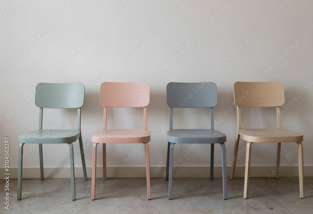 Obraz premium Four modern minimalist chairs in pastel colors and natural wood against a neutral wall interior design and furniture, this composition interior design furniture and waiting room concepts