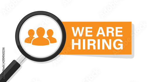 A bold orange vector illustration of a magnifying glass scanning for new employee recruitment talent