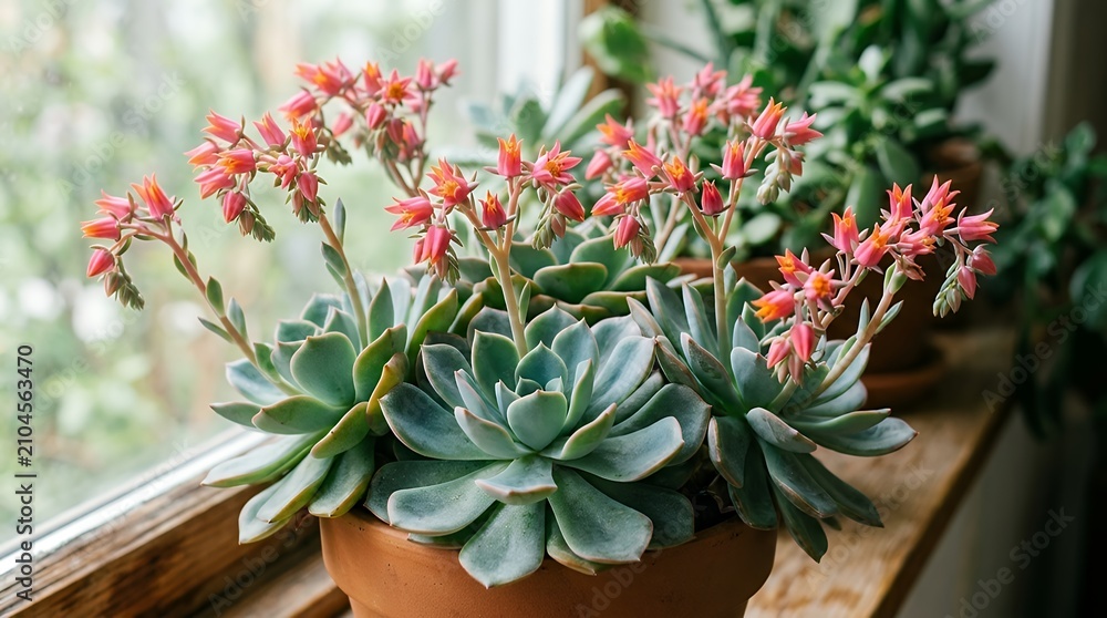 Naklejka premium Vibrant Cluster of Fresh Blossoms on a Succulent Plant with Lush Green Foliage in a Softly Lit Environment A dense arrangement of vivid petals from a popular indoor succulent surrounded by thick