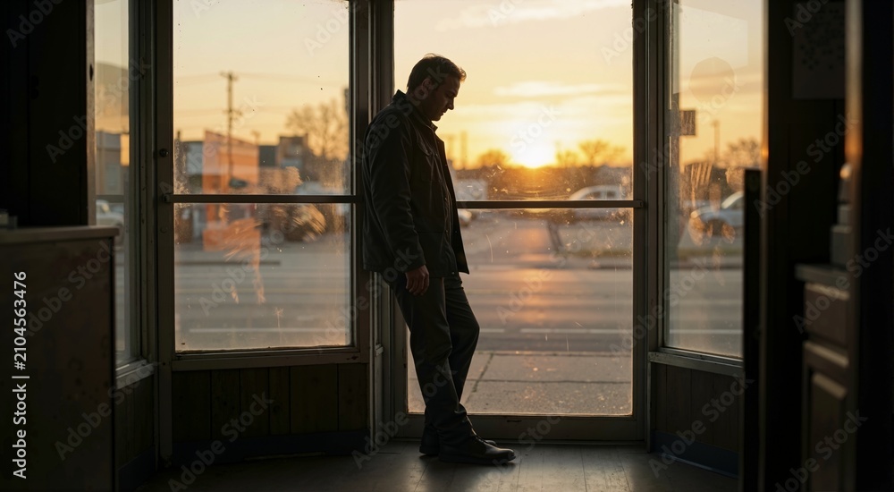 Fototapeta premium Silhouette of depressed small business owner leaning against storefront glass at sunset. Stressed entrepreneur facing financial crisis and closure
