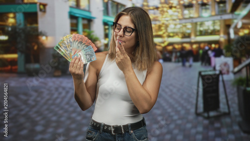 Konstfotografi Woman holding fanned australian banknotes and touching chin wearing glasses on a street; contemplation aspiration