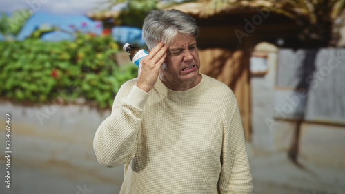 Принти на полотні Senior man holding medicine bottle to temple, grimacing and clutching forehead in front of building; pain relief
