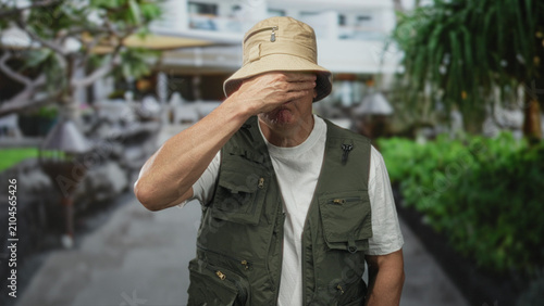 Cuadro en lienzo Man wearing bucket hat and fishing vest covering face with hand in hotel courtyard; privacy introspection