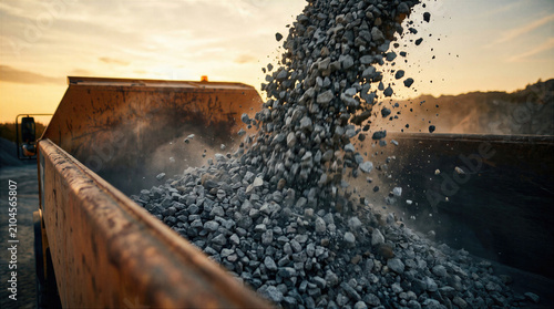 Heavy dump truck unloading crushed gravel and stone at industrial quarry site during sunset. Aggregate material pouring from the tipper for construction and mining production work.