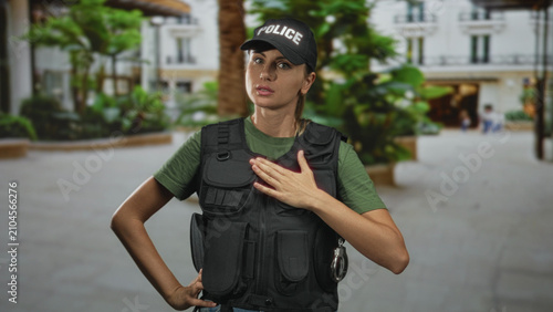 Photos Woman police officer with hand on chest wearing tactical vest and police cap on street plaza near buildings; duty resolve vigilance