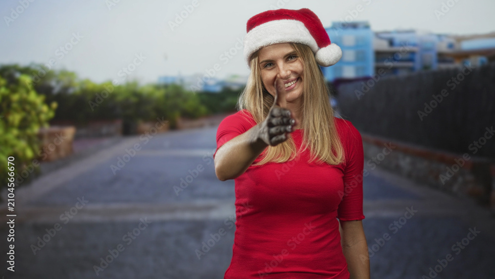 Obraz premium Blonde woman extends right hand for handshake on street in front of residential buildings, wearing santa hat and red top; friendly holiday greeting.