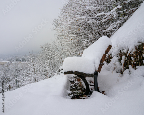 Snow Covered Park Bench In Chartreuse Mountains France