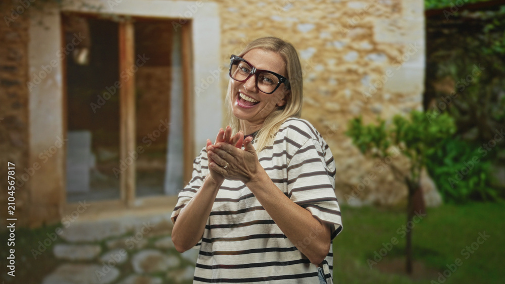 Fototapeta premium Middle age woman wearing black glasses clapping hands by a stone doorway of a rustic building, striped tshirt visible and smiling; joy celebration.