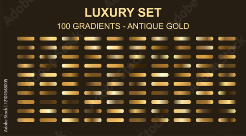 Antique gold luxury set of 100 gradients, metallic golden color swatches for vector design, premium bronze and brass palette for elegant branding and jewelry