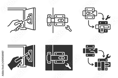 Collection of lock and key mechanism icons in black and white.