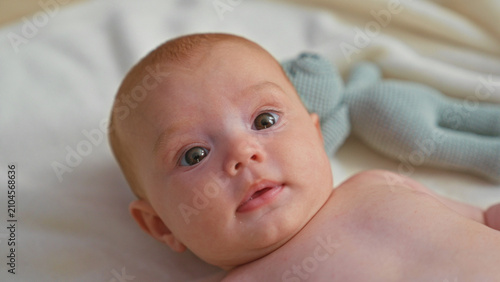 Foto Baby newborn bare chest gazing upward with drool on lip and knitted toy nearby in studio; calm curiosity