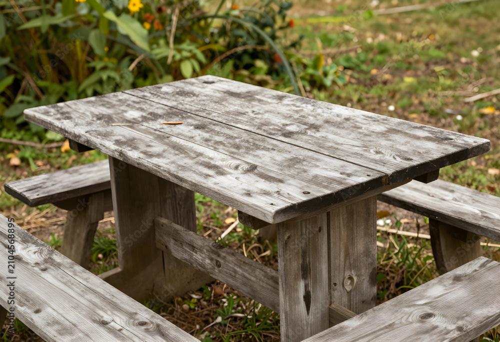 Obraz premium Weathered wooden picnic table with attached benches in a natural outdoor setting, rustic park furniture, the rustic furniture features aged wood texture and is surrounded by green grass and foliage