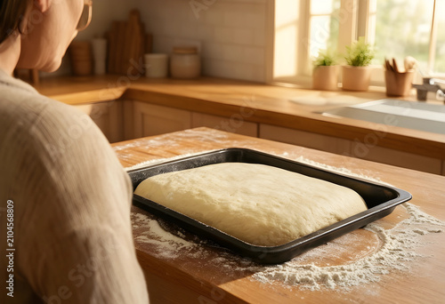 Woman looking at raw dough ...