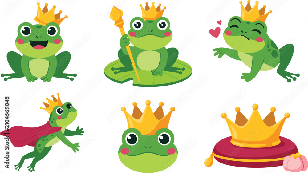 Naklejka premium Cute Frog Prince Vector Illustration Set with Crown, Fairy Tale Characters, Royal Amphibians, Cartoon Mascots, and White Background Collection