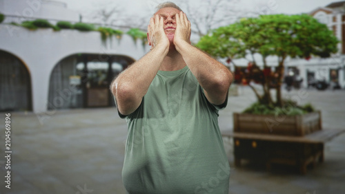 Canvastavla Man clutching head with both hands, mouth open in a pedestrian street by a planter and arched storefronts; distress mental strain