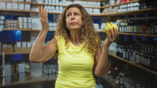 Φωτογραφία Woman holding yellow piggy bank, hand on forehead and closed eyes inside a retail building aisle; financial worry