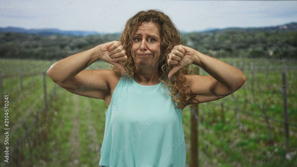 Obraz premium Woman showing bare hands with double thumbs down in a forest setting wearing turquoise top; disapproval defeat.