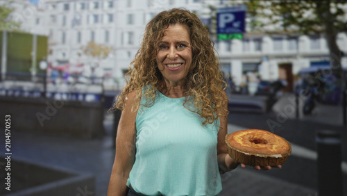 Foto Middle age hispanic woman holding sponge cake in right hand wearing sleeveless top near bakery on street smiling at camera; homemade baking joy