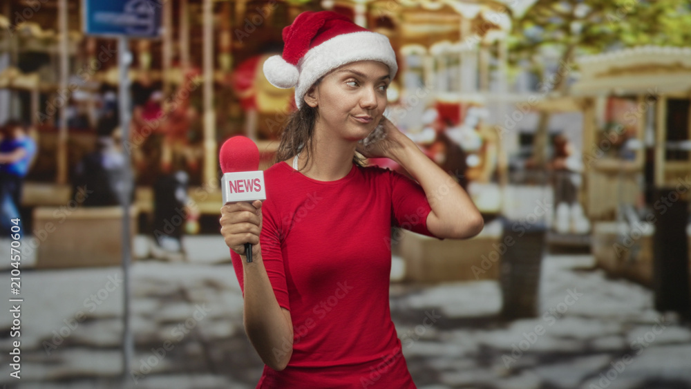 Fototapeta premium Woman holding news microphone, wearing santa hat and red top, smiling with eyes closed and touching hair while reporting on a busy street market; holiday joy.