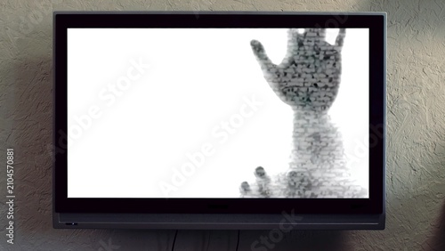 Suspenseful Scene Of Ghostly TV Broadcast. Eerie Silhouette Appearing On Flickering Television Screen . Media