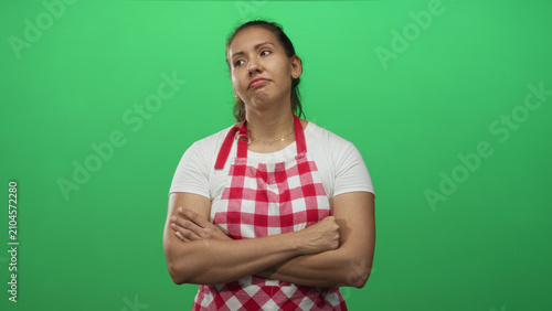 Konstfotografi Woman cook wearing red checkered apron with arms crossed in studio; annoyance stubbornness resilience