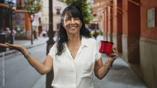фотографія Woman holding red mug with palm up gesture in a covered street arcade, smiling and presenting cup while wearing white shirt; welcome joy