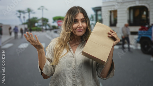Foto Woman middleaged hispanic holding brown paper bag and shrugging with hand at a busy street crosswalk, casual beige shirt; everyday confusion