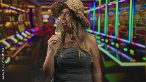 Cuadro en lienzo Woman holds chocolate coated ice cream bar and licks it with fingers while frowning amid slot machines in a casino building; melancholy