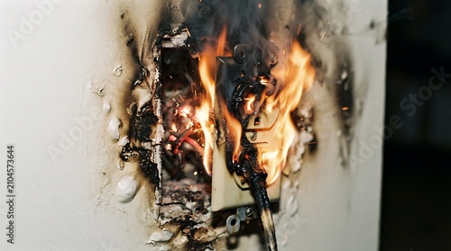 Residential Electrical Hazard Showing a Burning Wall Outlet and Damaged Wiring Causing a Serious House Fire Risk
