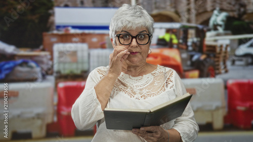 Foto Older woman reader holding an open book with left hand and pointing finger on right hand, wearing glasses and lace blouse amid pallets and traffic barriers on street; quiet contemplation
