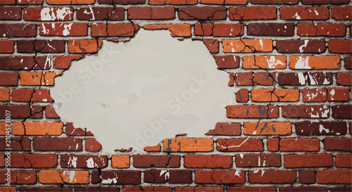Exposed plaster hole in red brick wall with grunge texture and blank copy space.