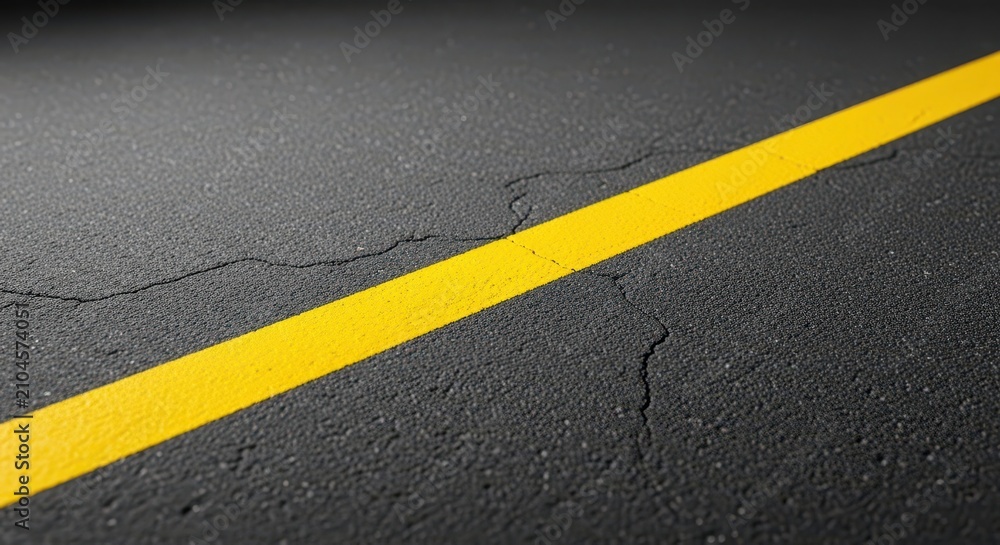 Fototapeta premium A bold yellow painted line stretches across a dark gray asphalt surface, creating a stark contrast against the rough industrial texture, boundary, detail, transport