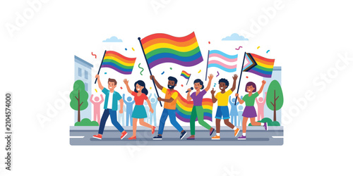 Diverse group of happy people celebrating pride parade with rainbow flags.