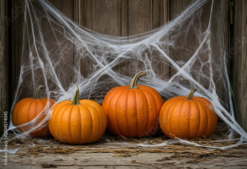 Four orange pumpkins with s...