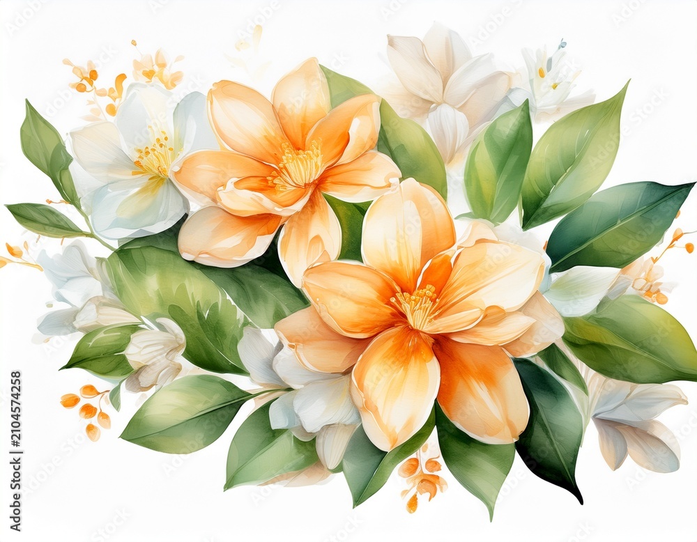 Fototapeta premium orange jasmine with soft border pastel colors isolated on white background watercolor on white background no blur photo not dark everything is clear copy space