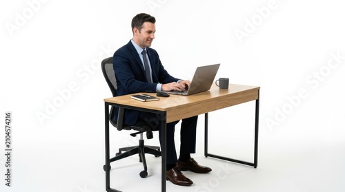 Professional businessman sitting at wooden desk and working on laptop isolated on white background