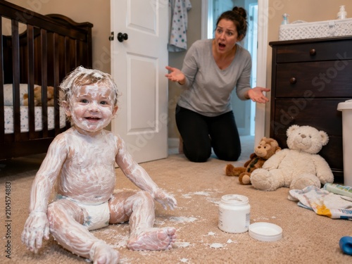 Toddler covered head to toe in diaper cream at home