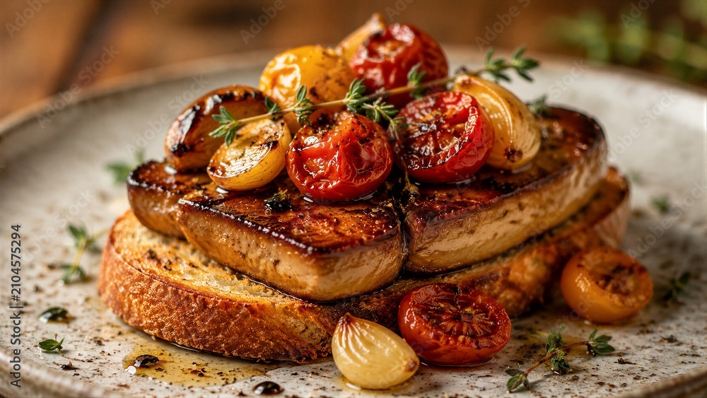 Fototapeta premium Seared foie gras on toasted bread with roasted tomatoes