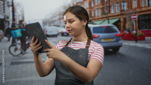 Fotografie Woman holds tablet and taps screen with fingertip while wearing denim apron and striped tee on a busy city street outside a cafe; focus work routine
