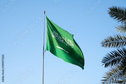Принти на полотні Saudi Arabian National Flag Waving Against Clear Blue Sky
