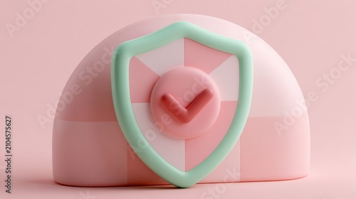 A soft clay 3d rendering displays a shield with a checkmark in mint and white. The background is pink, highlighting an approved coverage symbol.