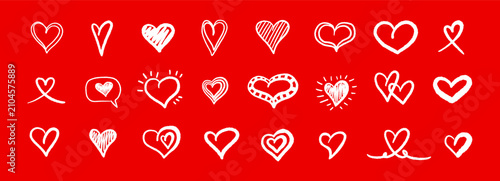 Hand drawn heart icon collection with brush stroke and doodle outline. Cute love symbol in sketch style, perfect for Valentine's day design and romantic card. Vector scribble texture set