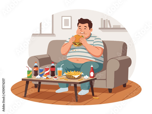 Cuadro en lienzo Flat style vector illustration of an obese man overeating burgers, fries and soft drinks while relaxing indoors