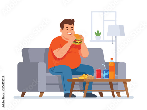 Photos Flat style vector illustration of an obese man overeating burgers, fries and soft drinks while relaxing indoors