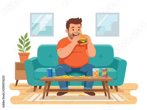 Photos Flat style vector illustration of an obese man overeating burgers, fries and soft drinks while relaxing indoors