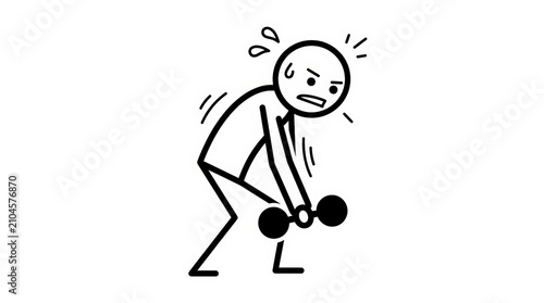 Struggling stick figure lifting heavy dumbbell, weak man exercising with weights, minimalist line art of person sweating during fitness workout