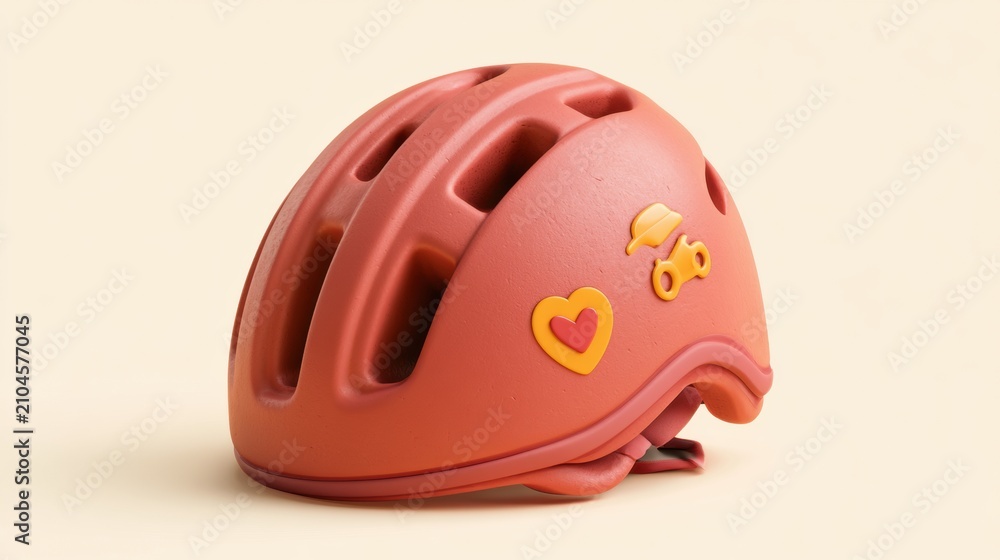 Fototapeta premium A 3d render shows a helmet with a heart sticker and a safety icon set against a cream backdrop. It emphasizes importance of wearing safety gear.