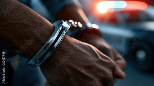 Close-up of hands cuffed in metallic handcuffs, with police lights and patrol car blurred in the background, depicting law enforcement and justice concepts.